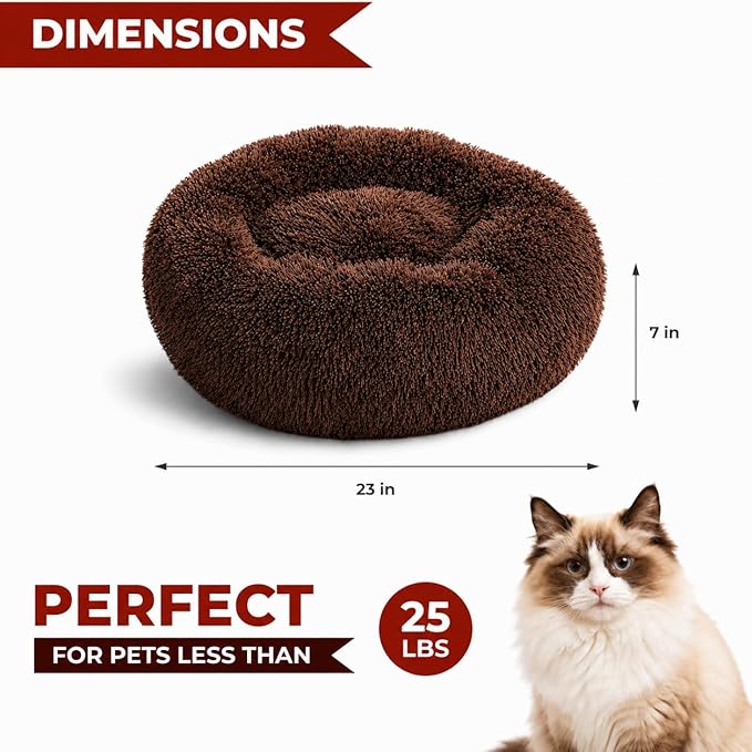 Whiskers & Friends Cat Beds for Indoor Cats, Fluffy Calming Donut Cat Bed, Small Dog Bed Washable - Orthopedic Soft Plush Pet Beds Sized for Kitten to Large Cats & Puppy to Small Dogs, Chocolate Brown