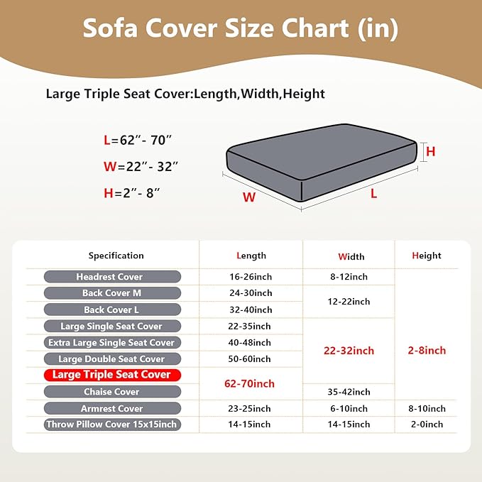 Yoovat Couch Cushion Covers for Sofa Couch Covers Wear-Resistant Universal Sofa Cover Washable Stretch for Sectional Slipcovers (Texture-Brown,Large Triple Seat Cover)