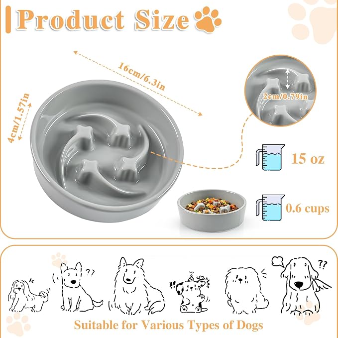 Ceramic Slow Feeder Dog Bowls, 1 Cups Dog Food Dish for Small and Medium Breed, Puzzle Dog Food Bowl for Fast Eater, 15OZ, 6.3 inch(Grey)