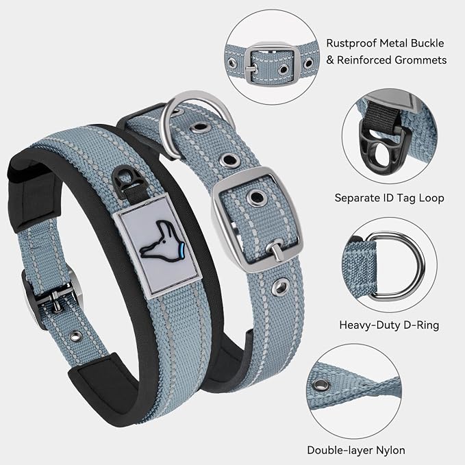 Joytale Dog Collar for Small Dogs, Neoprene Padded and Adjustable, Reflective Wide Heavy Duty Pet Collars with Durable Metal Belt Buckle for Walking, Gray, S