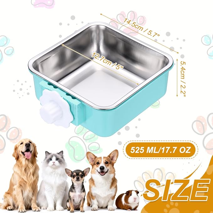 Crate Dog Bowl, Removable Stainless Steel Pet Cage Hanging Anti-Overturn Food Water Feeder Cage Cup (Square, Light Blue, 17.7oz), Intended for Puppies/Cat/Rabbit/Bird