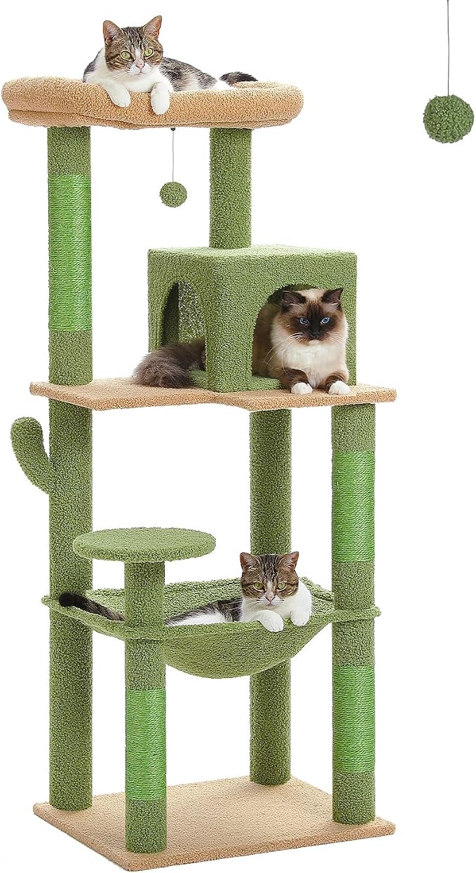 MUTTROS Cactus Cat Tree for Large Cats with Metal Plush Big Hammock, 56.3" Cat Tower for Indoor Cats with 2 Door Condo House, 6-Tier Cat Shelves with Scratching Posts and Large Top Perch,Green