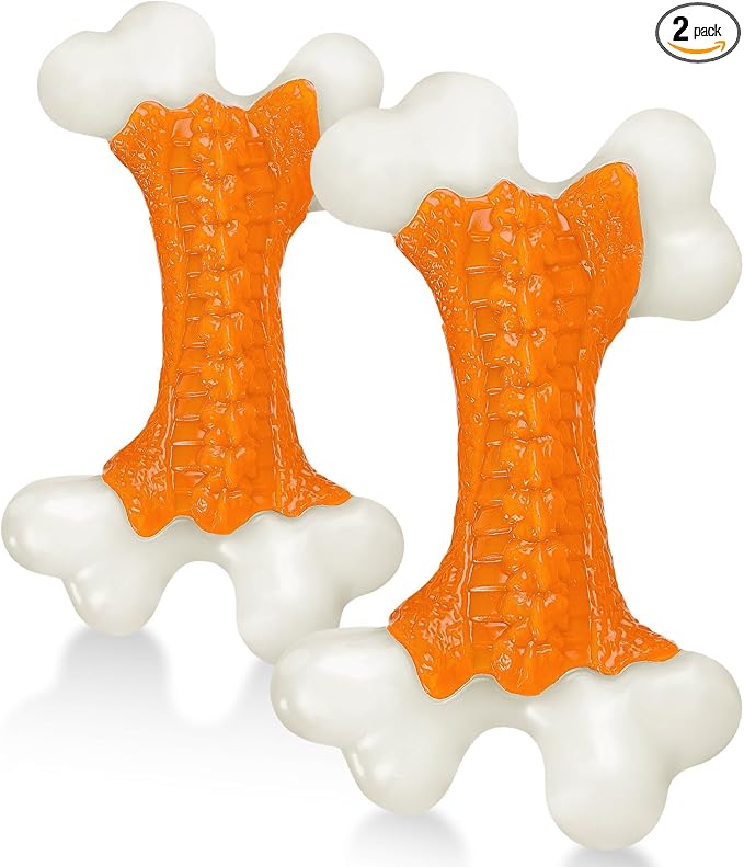 Kseroo 2-Pack Indestructible Dog Toys for Aggressive Chewers: Peanut Butter Flavored Hard Nylon Bone Chew Toys, Tough Dog Chew Toys, Dog Toys to Keep Them Busy for Medium Large Dogs, Orange