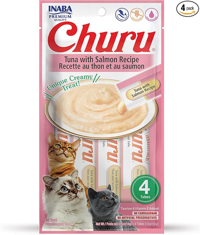 INABA Churu Cat Treats, Grain-Free, Lickable, Squeezable Creamy Purée Cat Treat/Topper with Vitamin E & Taurine, 0.5 Ounces Each Tube, 4 Tubes, Tuna with Salmon Recipe