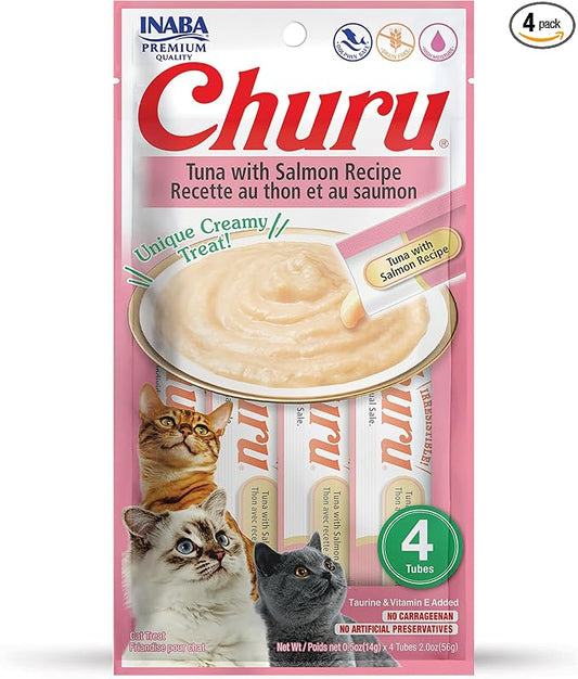 INABA Churu Cat Treats, Grain-Free, Lickable, Squeezable Creamy Purée Cat Treat/Topper with Vitamin E & Taurine, 0.5 Ounces Each Tube, 4 Tubes, Tuna with Salmon Recipe