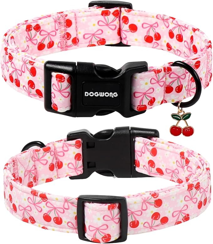 DOGWONG Pink Dog Collar- Cute Cherry Flower Dog Collars Adjustable Girl Female Dog Collar for Medium Large Dogs, L