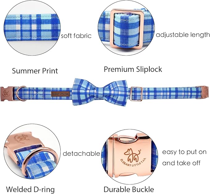 Elegant little tail Dog Collar, Blue Plaid Dog Collar Bow Boy Pet Collar with Metal Buckle Pet Dog Bows Soft Adjustable Dog Collar for Large Dogs