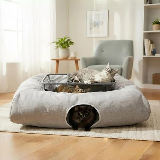XxingSheep 2-Tier Hammock XXL Cat Tunnel Bed, 4 Cave Premium Hemp Fabric for Indoor Cats Toys Cave Donut with Soft Mat
