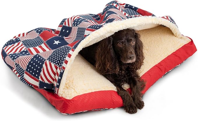 Snoozer Rectangle Cozy Cave Dog Bed - Indoor Dog Bed with Cover Cave, Covered Calming Burrow for Small & Medium Sized Pets with Blanket Attached, Enclosed, Washable Cover-Medium, Starpatch Red Diamond