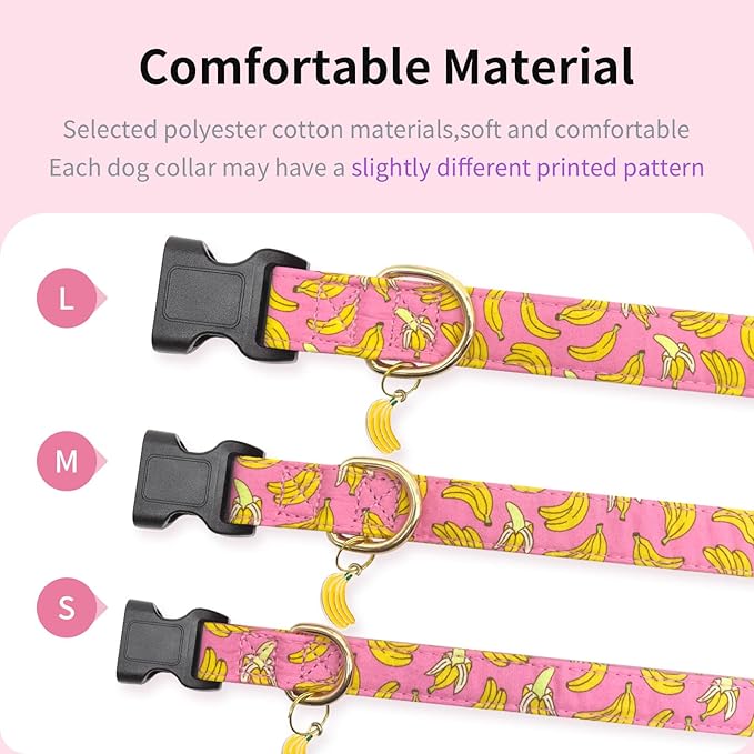 Cotton Dog Collar,Soft and Cute Puppy Collars with Banana Patterned Design for Girl Female Boy Dogs,Adjustable Buckle Pet Collar for Small Medium Large Dogs (Pink Banana, Medium)