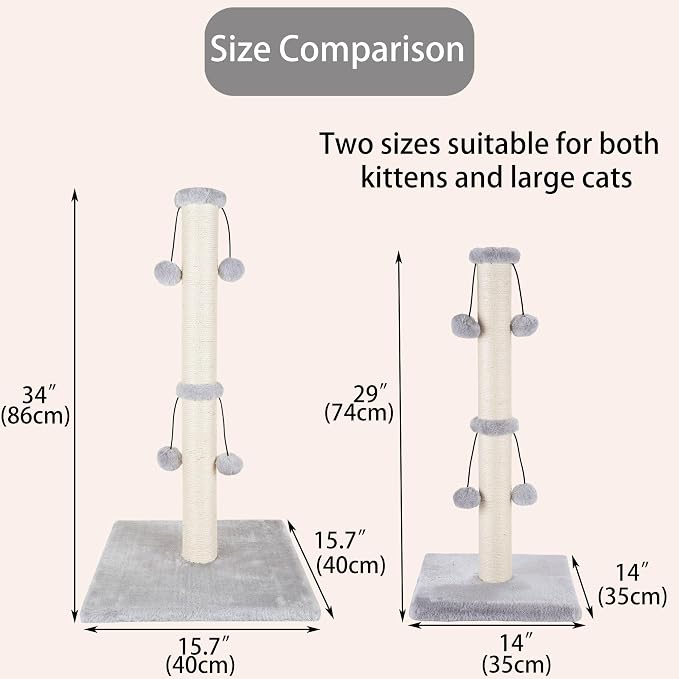 Dimaka 34'' Cat Scratching Post, Cat Scratching Post, Cat Scratcher for Large Cats with Teasing Toy Ball, Natural Sisal White and Grey (Grey)