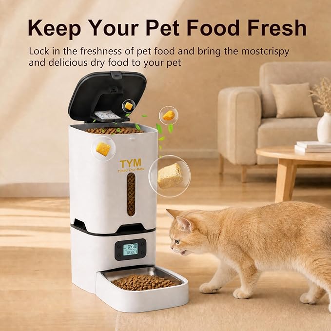 TYM Automatic Cat Feeder, 7L Large Capacity Cat Food Dispenser with Programmable Timer, Portion Control up to 9 Meals/Day, Dual Power Supply, Fresh Food, Easy to Clean for Cats and Small Dogs
