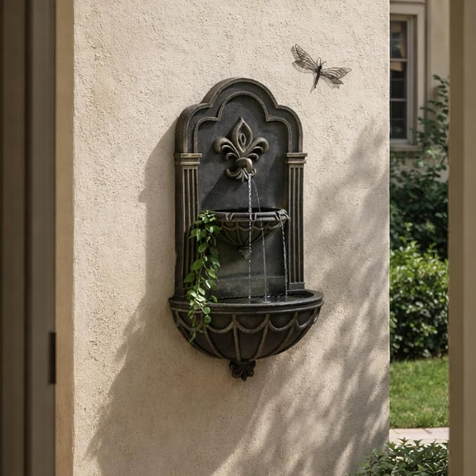 Teamson Home Fleur-de-lis Outdoor Water Fountain–Warm Glow Lighting with Adjustable Flow & Electric Pump, Black & Gold