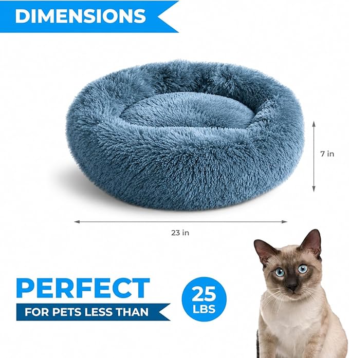 Whiskers & Friends Cat Beds for Indoor Cats, Fluffy Calming Donut Cat Bed, Small Dog Bed Washable - Orthopedic Soft Plush Pet Beds Sized for Kitten to Large Cats & Puppy to Small Dogs - Navy Grey 23''
