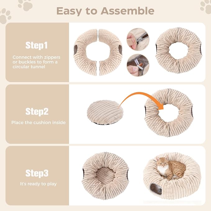 Avont Cat Tunnel Bed for Indoor Cats, Plush Fluffy Kitten Donut Tunnel 3 Shape to Play, Large Kitty Circle Tunnel Under Christmas Tree, Cat Play Toys Gift Ideas -Latte Short-Pile