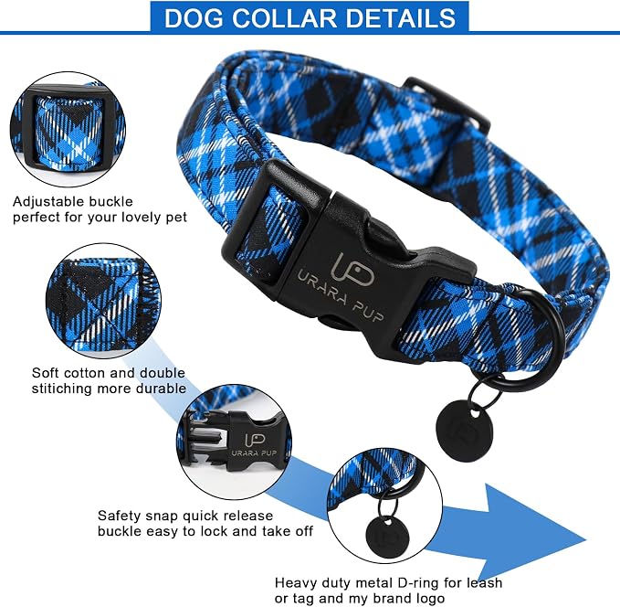 Dog Collar, Autumn Cotton Collar for Puppy Girl Dog or Cat, Holiday Blue Plaid Collar with Lightweight Plastic Buckle, Adorable Pet Collar