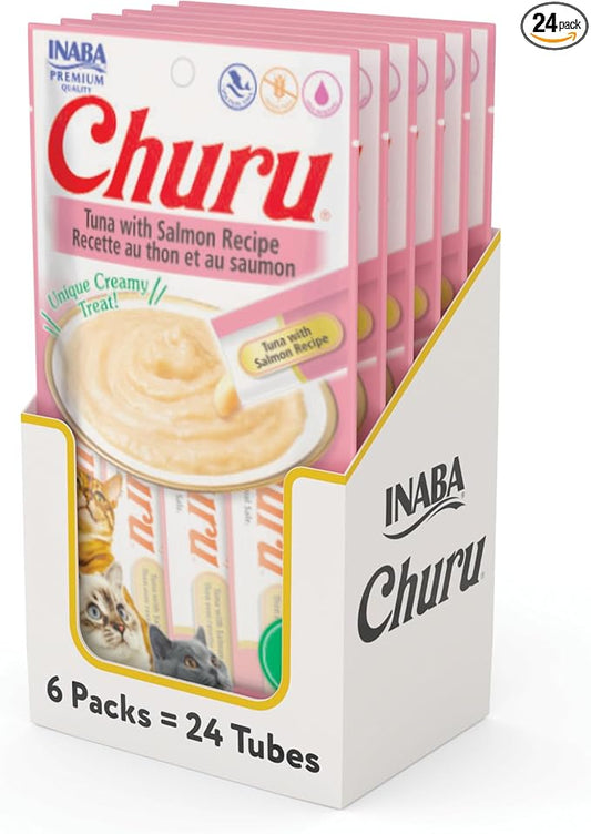 INABA Churu Cat Treats, Lickable, Squeezable Creamy Purée Cat Treat with Green Tea Extract & Taurine, 0.5 Ounces Each Tube, 24 Tubes (4 per Pack), Tuna with Salmon Recipe