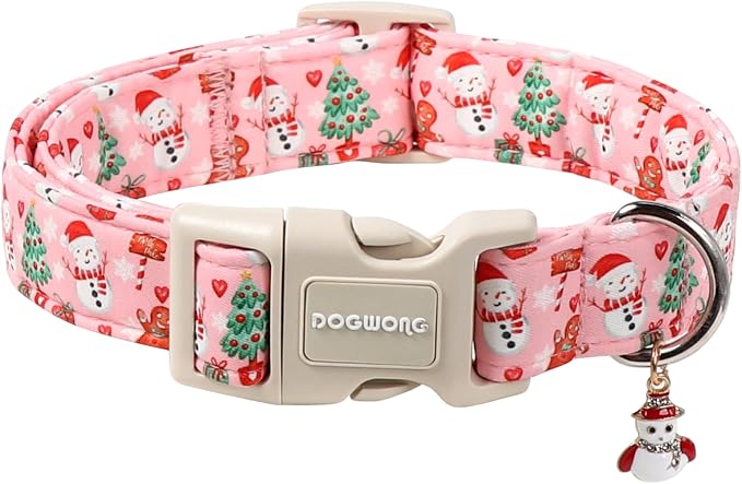 DOGWONG Christmas Dog Collar-Cute Pink Snowman Dog Collars, Adjustable Christmas Pet Collars Puppy Collar with Quick Release Buckle for Girl&Boy Dogs