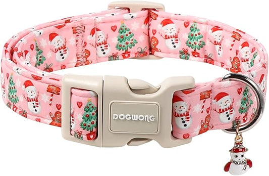 DOGWONG Christmas Dog Collar-Cute Pink Snowman Dog Collars, Adjustable Christmas Pet Collars Puppy Collar with Quick Release Buckle for Girl&Boy Dogs
