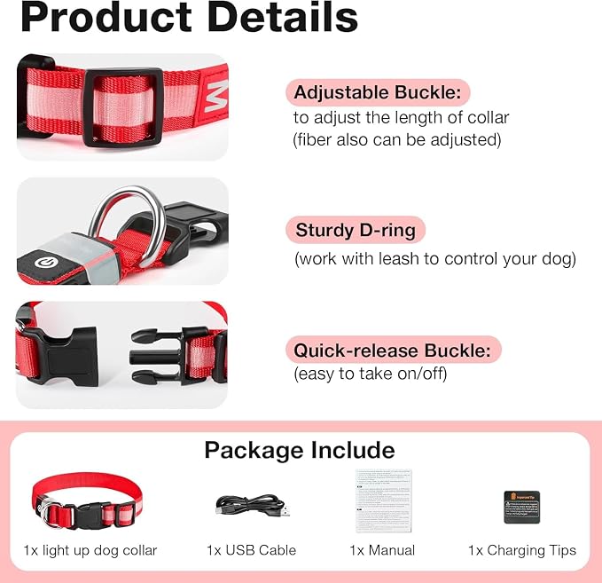 PcEoTllar Light up Dog Collar for Night Walking - LED Dog Collar Light Rechargeable Color Changing, Glow in the Dark Dog Collars Waterproof Glowing Dog Collars for Large Small Medium Dogs