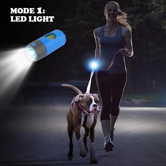 NOVKIN Rechargeable Dog Poop Bag Dispenser with LED Flashlight - Pet Waste Bag Holder for Leash with Carabiner Clip - Night Dog Walking Accessories & Safety Light, Includes 15 Extra Thick Waste Bags