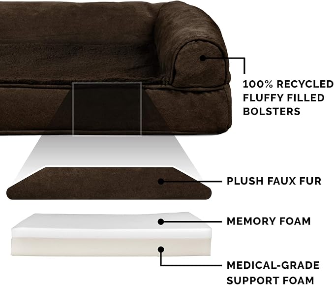 Furhaven Memory Foam Dog Bed for Large Dogs w/ Removable Bolsters & Washable Cover, For Dogs Up to 125 lbs - Plush & Suede Sofa - Espresso, Jumbo Plus/XXL