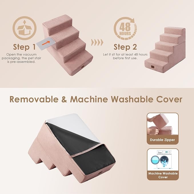 EHEYCIGA Dog Stairs for High Bed 22.5" H, 5-Step Dog Steps for Bed, Pet Steps for Small Dogs and Cats, Non-Slip Balanced Pet Ramp Indoor, Pink