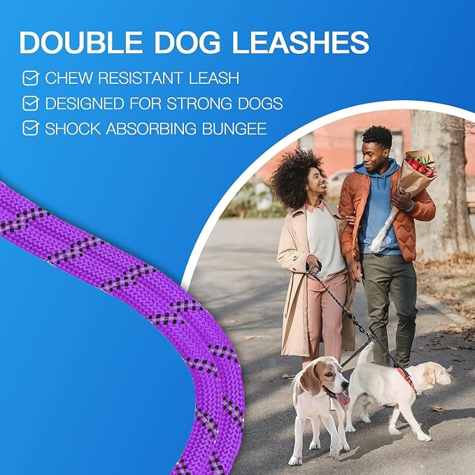 MingXpets Double Dog Leash, Dual Dog Leash, 360° Swivel Tangle Free Bungee Walking Training for Large Medium Dogs, Shock Absorbing Bungee Reflective for Two Dogs, 18~120 lbs, Purple
