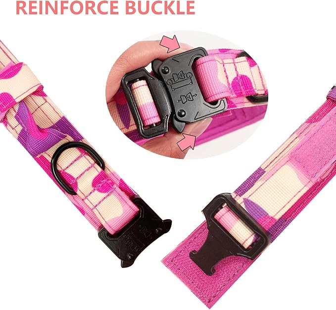 Tactical Dog Collar and Leash Set Adjustable Military Nylon Dog Collar with Control Handle and Heavy Duty Metal Buckle for Large Dogs（Pink Camo XL