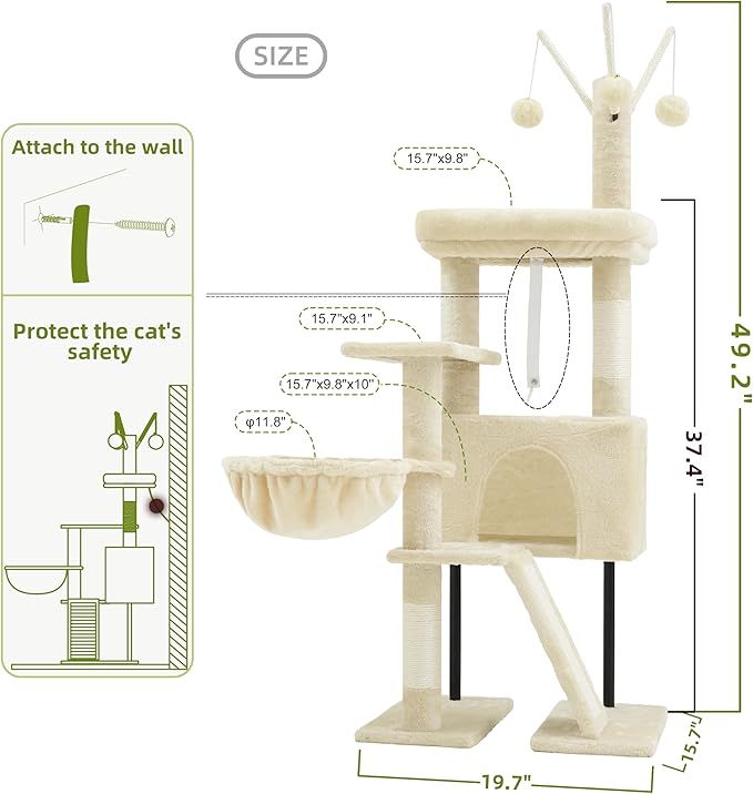 Gitelsnour Cat Tree for Indoor Cats, Cat Tower with Scratching Post for Small Cats and Kittens, Cat House with Removable Top Platform and Fluffy Balls, Hanging Cat Basket, Beige GCT006SM