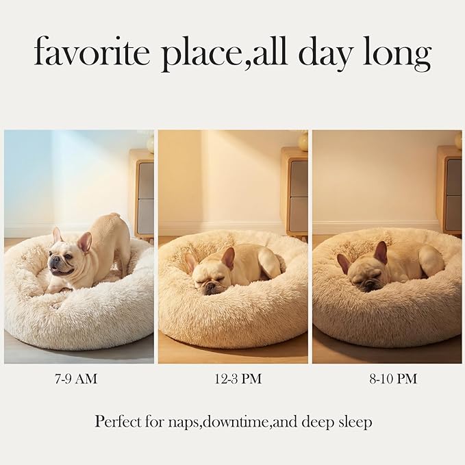 Calming Donut Dogs Beds for Small Dogs Washable,28inch Plush Round Pet Bed for Cozy Sleep,Fluffy Faux Fur Large Cat Bed,Fits up to 30 lbs Pets,Beige