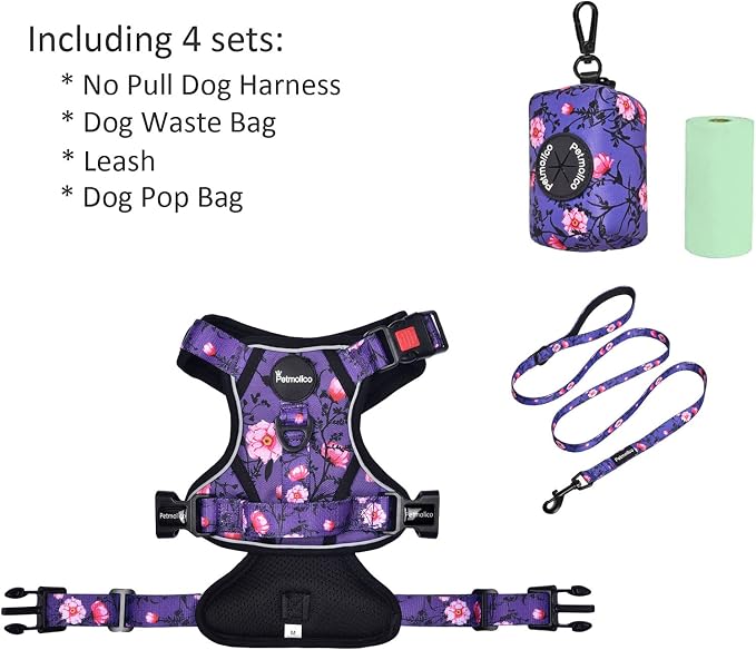 Petmolico No Pull Dog Harness Set with Leash Attachment Easy Control Handle Reflective Harness Vest Small Breed, Puppy Vest and Leash Set with Poop Bag Holder, Medium - Purple Peach
