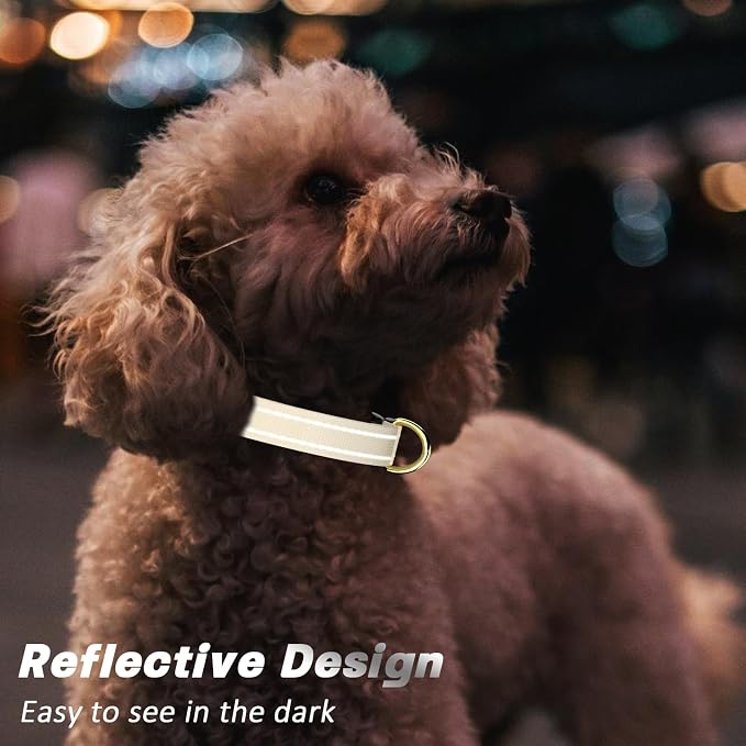 Reflective Dog Collar for Large Dogs, Cute Adjustable Heavy-Duty Nylon Puppy Collars for Boy and Girl Female, Soft Pet Accessories with Quick Release Buckle, Neck 16-24", Beige