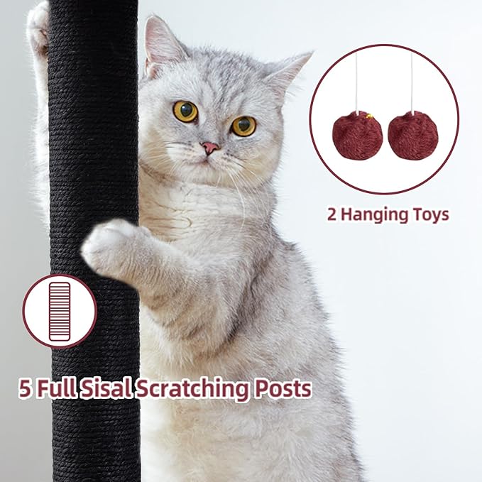 Cat Tree Tower Scratching Post for Indoor Large Cats, Small Cat Tree with Big Perch Bed, 28in Tall Trees House with Condo Cave, Toy Balls, Modern Climbing Furniture Platform for Kitten (Black)