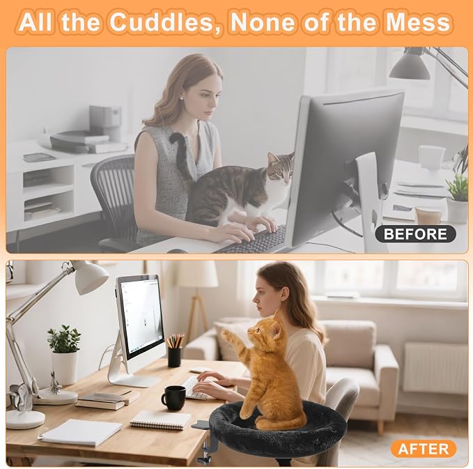 Cat Desk Bed - Ergonomic cat Desk Perch Clamp for Remote Workers - Quality Desktop Suspended Cat's Bed- Rotating Cats Hammock Desk with Removable Cover, Desk Nest Cat Bed Hold UP to 50LBS, Black