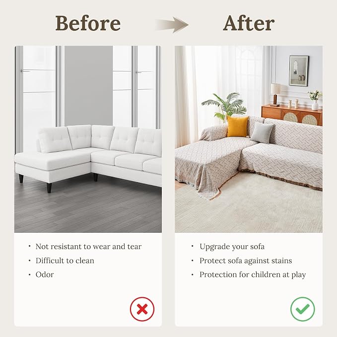 HOMERILLA Sectional Couch Covers for Sectional Sofa L Shaped Sofa Cover Blanket 2 Pieces L Shape Furniture Protector for Pets Dogs(Khaki White, X-Large)