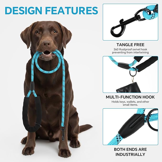 Heavy Duty Dog Leash - 4.9 FT for Large and Small Dogs - Strong Nylon, Comfortable Handle, Reflective Stitching - Ideal for Walking, Training, and Outdoor Activities, Sky Blue
