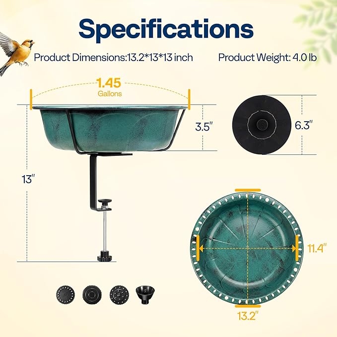 VIVOHOME Deck Mounted Bird Bath with Solar Fountain, Outdoor ABS Birdbath Bowl with Adjustable Metal Clamp, Solar Powered Pump for Railing, Fence, Balcony, 1.45 Gallons, Green