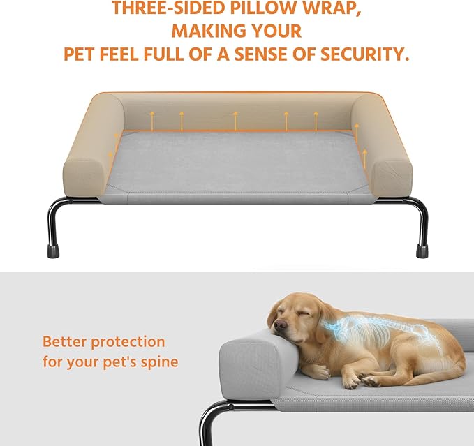 Simple Trending Elevated Dog Bed for Large Dogs, Cooling Raised Dog Cot with Bolsters, Breathable Pet Bed for Outdoor, 47.75" x 31", Grey
