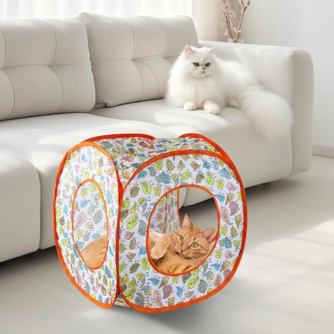 Andiker Cat Tent, 3 Holes Safe and Strong Cute Cats Tunnel Collapsible Easy to Carry Cat House for Indoor Cats Kittens Hiding Playing Training Sleeping (Square Bird)