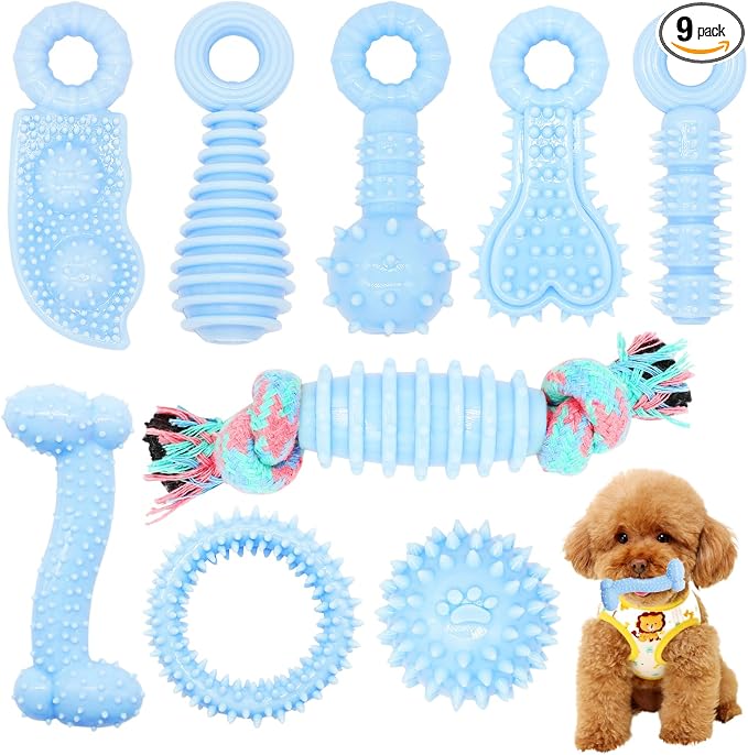 Puppy Toys, 9 Pack Dog Chew Toys for Puppy, Cute Blue Small Dog Toys, Teething Toys for Puppies, Soft Durable Interactive Chew Toy for Small Dogs