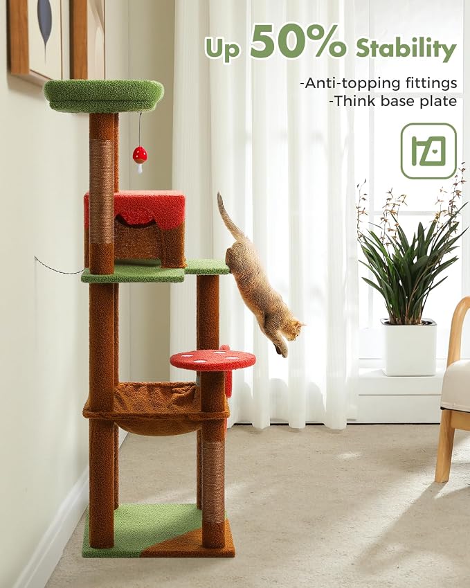 MUTTROS Mushroom Cat Tree Tower with Removable Scratcher, Large Hammock, Condo, Perch, 3 Sisal Posts – Multi-Level Cat Tree for Indoor Cats, Cute Cat Tower for Small Space Homes