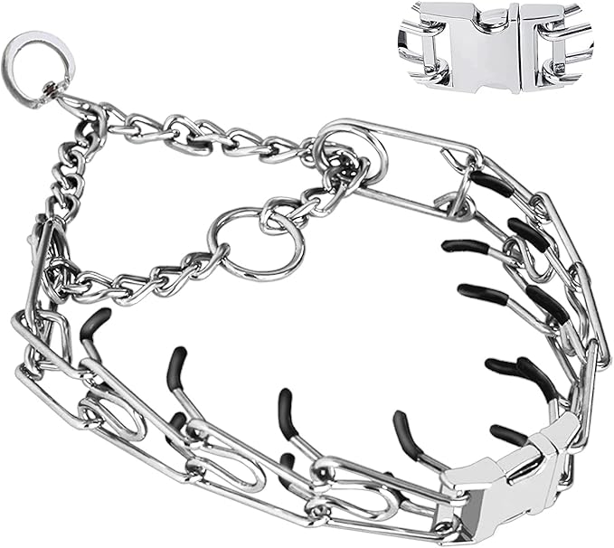 Dog Collar with Quick Release Buckle for Small Medium Large Dogs | Prong Pinch Collars, Training, No Pull, Adjustable Size, QuickRelease, with 2 Extra Links and 20 Rubber cap