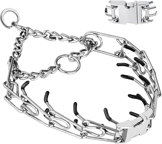 Dog Collar with Quick Release Buckle for Small Medium Large Dogs | Prong Pinch Collars, Training, No Pull, Adjustable Size, QuickRelease, with 2 Extra Links and 20 Rubber cap