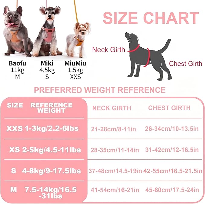 Puppytie No Pull XXS Puppy Harness with Multifunction Dog Leash,Soft Adjustable No Choke Escape Proof Pet Harness Vest,Pink,XXS