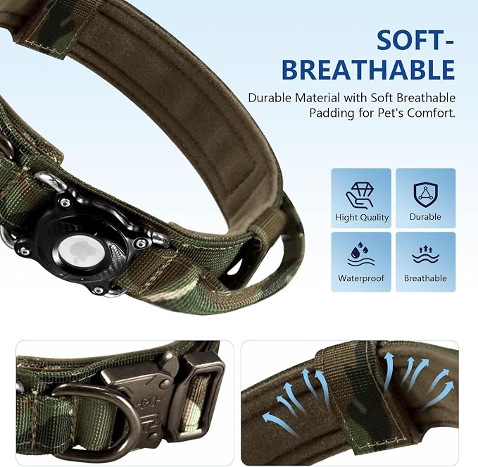 Tactical AirTag Dog Collar Waterproof with QR Code ID Tag, Military Training Dog Collar with Built-in AirTag Holder, Metal Buckle & Handle, GPS Tracking Collar for Medium to Large Dogs (Camo, L)