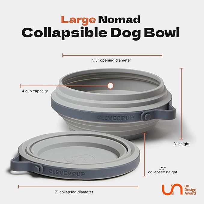 Cleverpup Nomad Large Collapsible Travel Dog Bowl - 4 Cup BPA-Free Silicone for Medium & Large Dogs, Portable, Food & Water, Dishwasher Safe - Grey Silicone