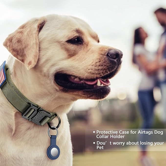 DAGANXI Tactical Dog Collar, Adjustable Military Training Nylon Dog Collar with Control Handle and Heavy Metal Buckle for Medium and Large Dogs, with Patches and Airtags Case (L, Green)