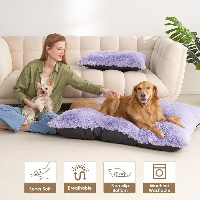 EHEYCIGA Fluffy Dog Crate Bed for Large Dogs, Plush Faux Fur Crate Pad, Calming Anti Anxiety Large Dog Bed, Washable Soft Warm Mat with Non-Slip Bottom, Purple