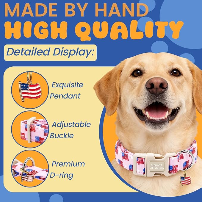 Elegant Little Tail 4th of July Dog Collar with Pendant, Pink Stars & USA Flag Pattern Cotton, Sturdy Quick-Release Plastic Buckle, Girl Adjustable Pet Collar for X-Small Dogs